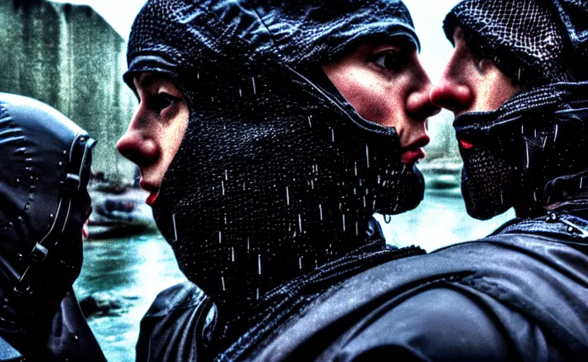 Image similar to cinestill 5 0 d candid photographic portrait by helen levitt of two european mail androids wearing rugged black mesh techwear in treacherous waters, extreme closeup, modern cyberpunk moody depressing cinematic, pouring rain, 8 k, hd, high resolution, 3 5 mm, f / 3 2, ultra realistic faces, ex machina