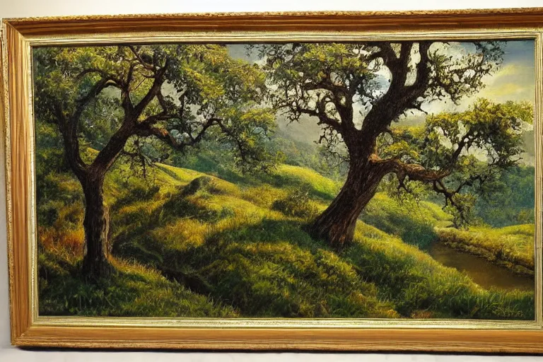 Prompt: masterpiece painting of oak trees on a hillside overlooking a creek, dramatic lighting, by marc davis