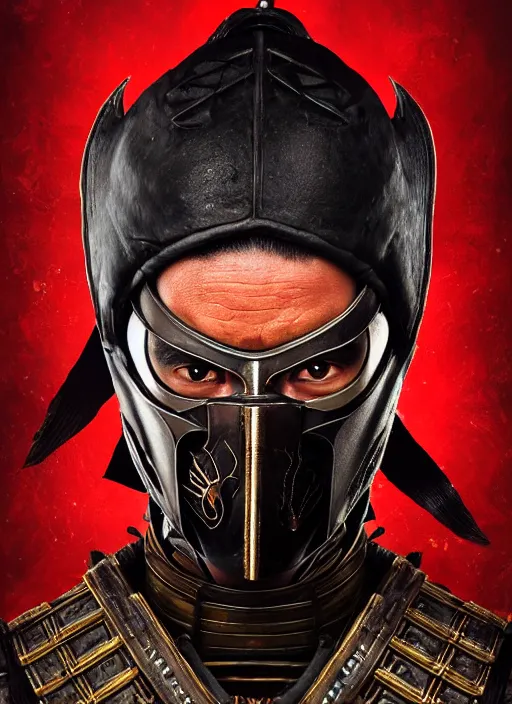 Image similar to samurai portrait, symmetrical face, wearing mempo mask scorpion mortal kombat mask, after a battle, dirt and unclean, extreme detail, cinematic, dramatic lighting render, photorealism photo by national geographic, tom bagshaw, masterpiece