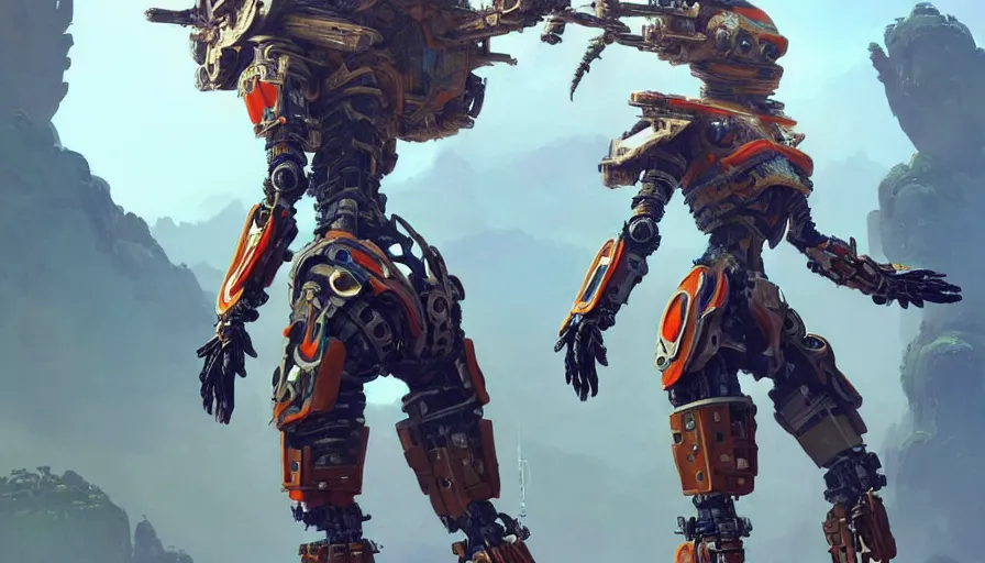 Image similar to a warrior robot astronaut, floral! looks like a machine from horizon zero dawn designed by apple, in socotra island, posing for a fight, intricate, elegant, highly detailed, digital painting, establishing shot, an epic fantasy, artstation, smooth, sharp focus, illustration, art by artgerm and greg rutkowski, 8 k