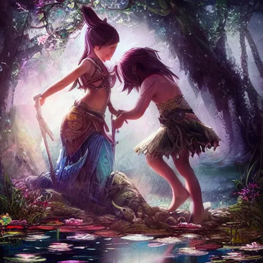 Image similar to a girl warrior and her daughter bathing in a magical pond by ross tran, forest, fantasy, artwork, highly detailed faces