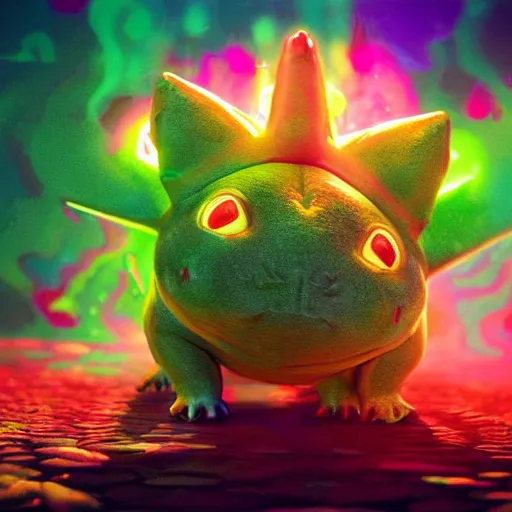 Image similar to Photorealistic bulbasaur tripping on acid. Hyperdetailed photorealism, 108 megapixels, amazing depth, glowing rich colors, powerful imagery, psychedelic Overtones, 3D finalrender, 3d shading, cinematic lighting, artstation concept art