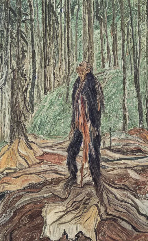 Image similar to full shot picture of indigenous leader standing in the forest, painted by lucian freud, hd, super detailed, amazing, realistic lighting