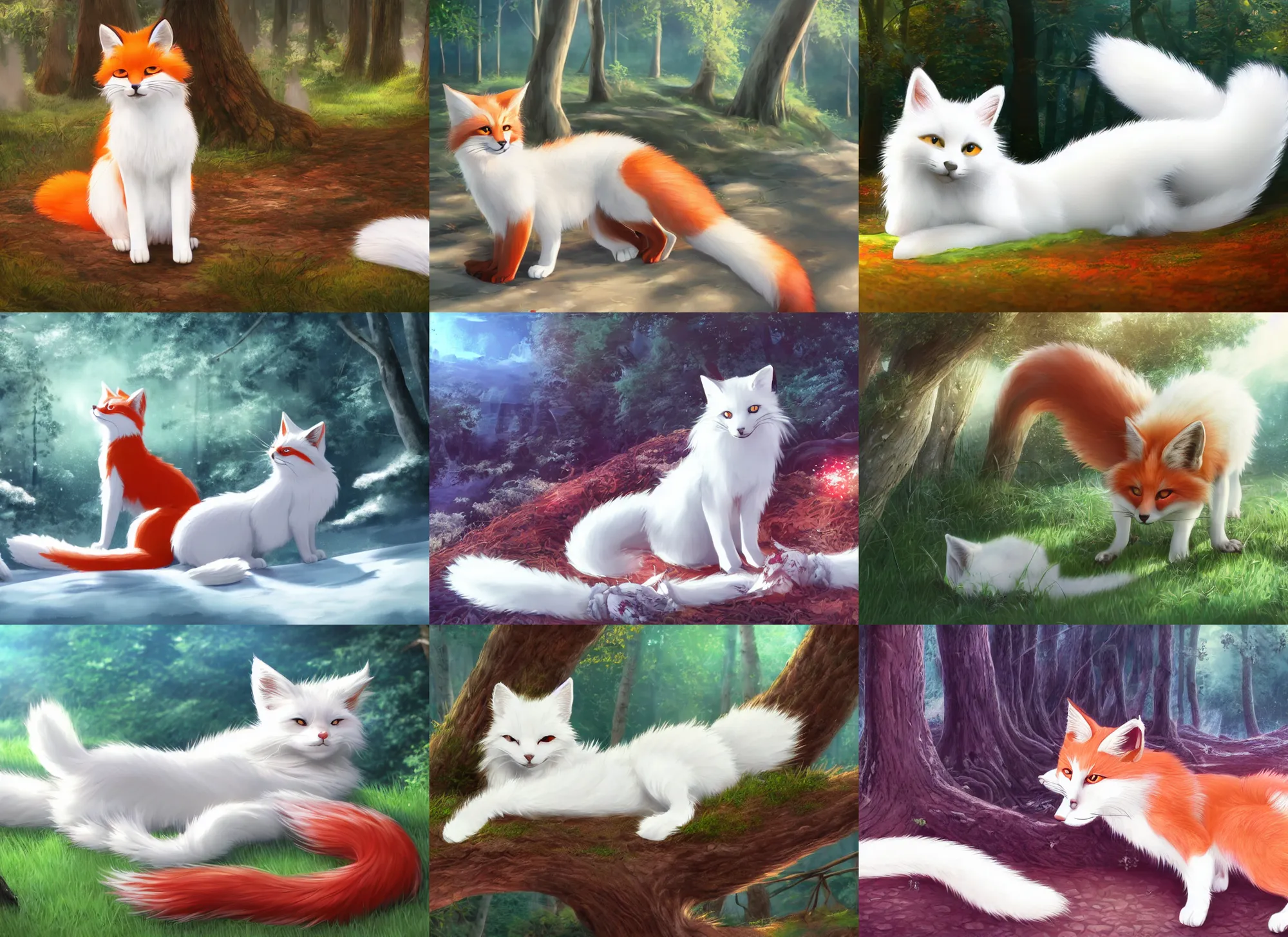 Prompt: white cat with fluffy red tail like fox tail lying at sunny forest, high detailed, anime illustration, fantasy, uhd, ray tracing