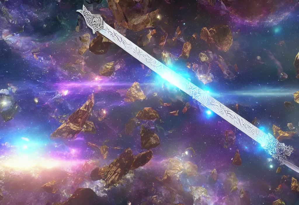 Prompt: a holographic intricate metal sacred sword floating in space reflecting the universe, intricate unreal engine 5 creation