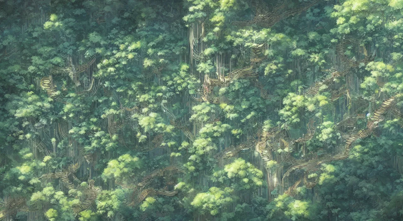 Image similar to aerial view of treetop canopy, intricate, detailed, by studio ghibli and greg rutkowski,