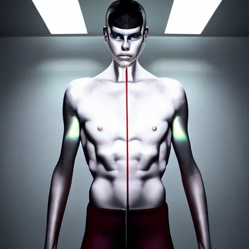 Image similar to an holographic athletic male android, photographed by erwin olaf