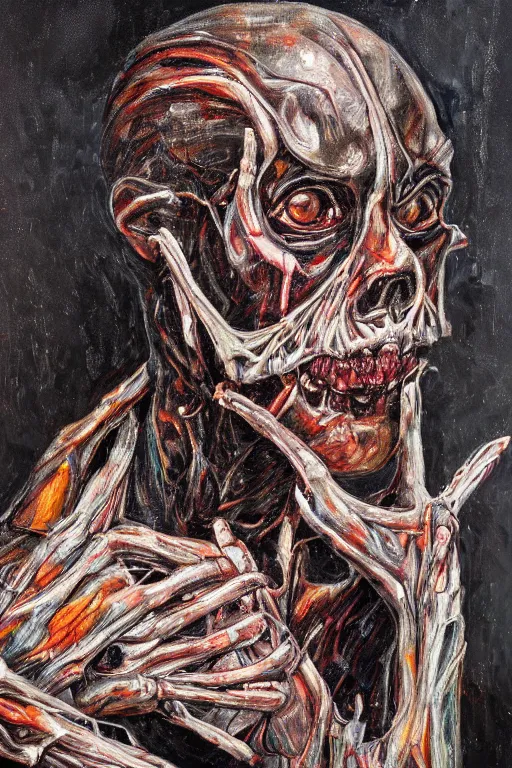 Prompt: highly detailed and textured palette knife painting, deformed anatomical portrait, emotional, dark sky, horror, in the style of Ernie Barnes and Jenny Saville, cgsociety, in a landscape of bones