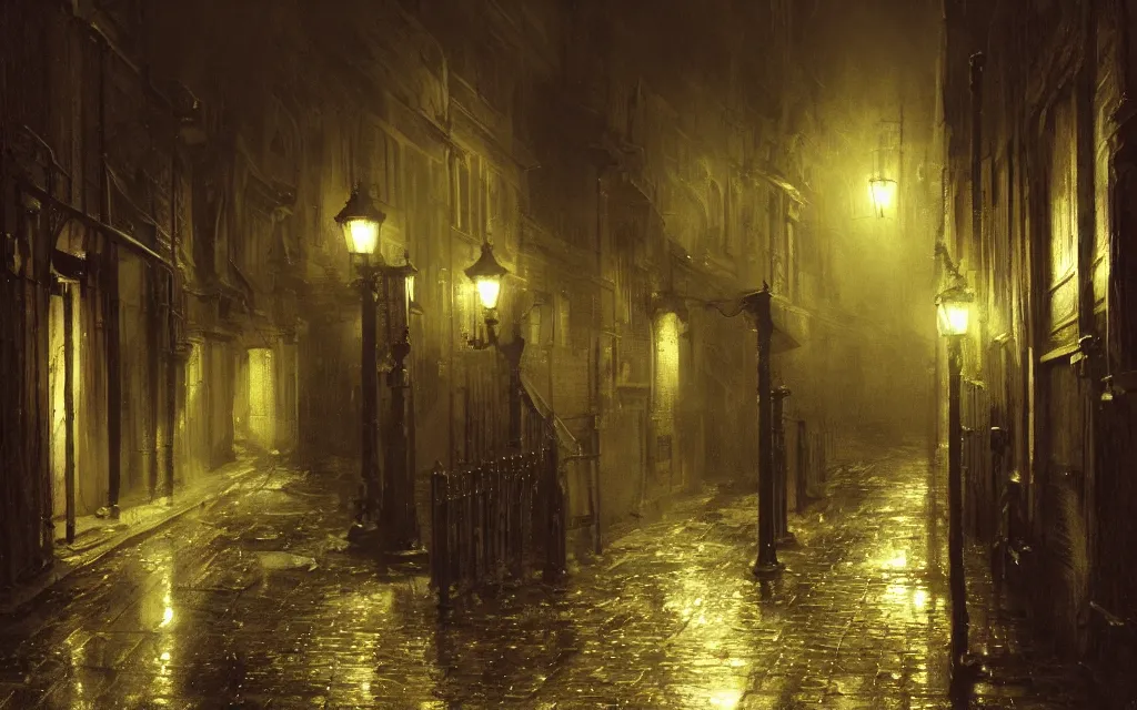 Prompt: quiet victorian london alley at night, raining, dim volumetric lighting, 8 k octane render, hdr, postprocessing, hyperdetailed, intricate, epic composition, cinematic lighting, masterpiece, trending on artstation, stunning artwork by anders zorn, extraordinary art by greg rutkowski,