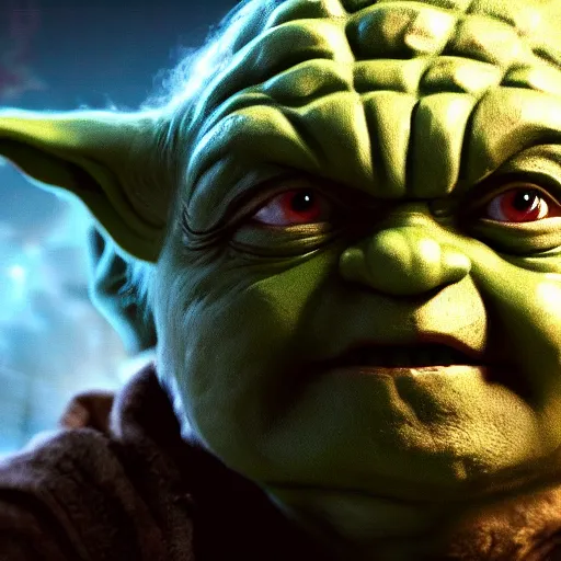 Image similar to yoda as the hulk the hulk in gears of war, splash art, movie still, cinematic lighting, dramatic, octane render, long lens, shallow depth of field, bokeh, anamorphic lens flare, 8 k, hyper detailed, 3 5 mm film grain