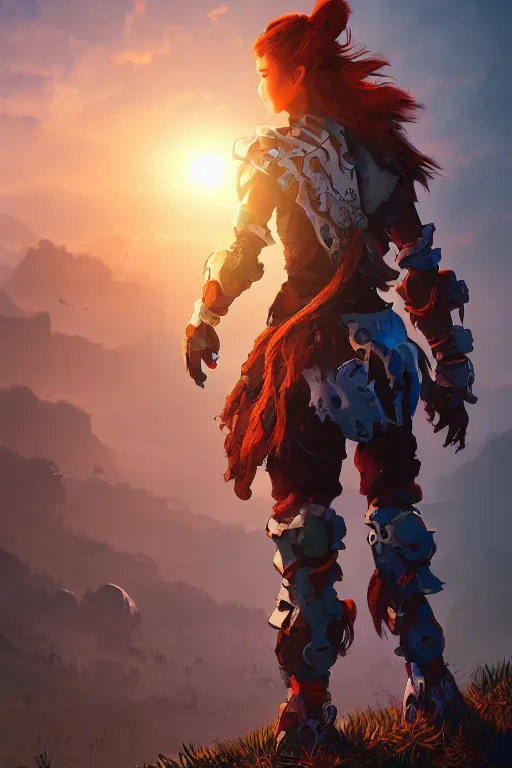 Image similar to combination suit armor aloy horizon forbidden west horizon zero dawn radiating a glowing aura global illumination ray tracing hdr fanart arstation by ian pesty and alena aenami artworks in 4 k tribal robot ninja mask helmet backpack