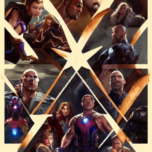 Image similar to A group photo of the Avengers but it's all Dwayne Johnson, western, D&D, fantasy, intricate, elegant, highly detailed, digital painting, artstation, concept art, matte, sharp focus, illustration, art by Artgerm and Greg Rutkowski and Alphonse Mucha