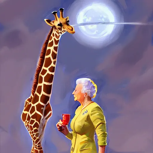 Prompt: a giraffe dressed like an astronaut drinking tea with queen isabel, trending on artstation, art by greg manchess, guangjian, detailed digital art, artstation hd