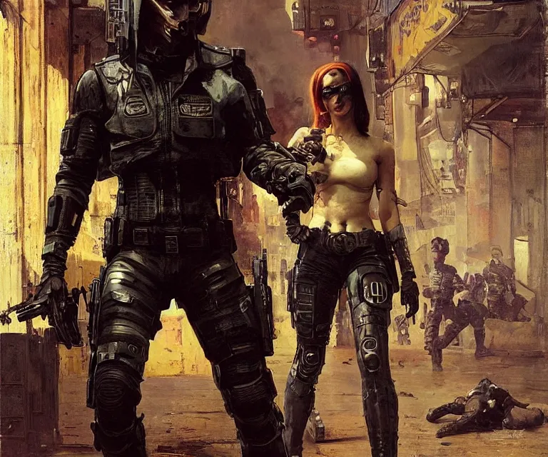 Image similar to Sonya evades sgt Nash. Cyberpunk hacker escaping Menacing Cyberpunk police trooper wearing a combat vest. (dystopian, police state, Cyberpunk 2077, bladerunner 2049). Iranian orientalist portrait by john william waterhouse and Edwin Longsden Long and Theodore Ralli and Nasreddine Dinet, oil on canvas. Cinematic, vivid colors, hyper realism, realistic proportions, dramatic lighting, high detail 4k