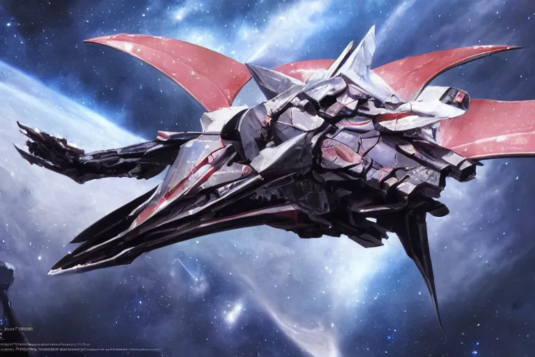 Image similar to gnostic space nebula framing a pteranodon mecha interceptor, small against the backdrop of space, white john berkey armor panels, wine-red and grey trim, robotech styling, with white Kanji markings outlined in black, boeing concept art painting, cinematic lighting, amazing lifelike cinematic photo render