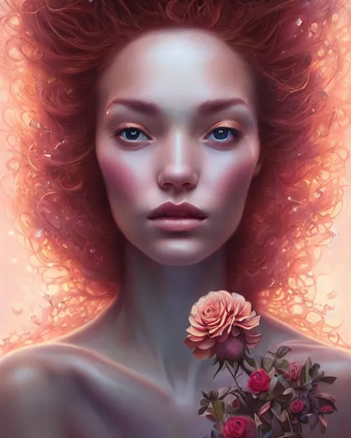 Prompt: rose gold caved mahogany beauty portrait, fauna flora explosion of beautiful petals, radiant light, artgerm, peter mohrbacher, fantasy art