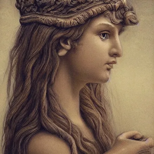 Prompt: portrait of a greek goddess of wisdom, fantasy, majestic, somber very detailed long hair