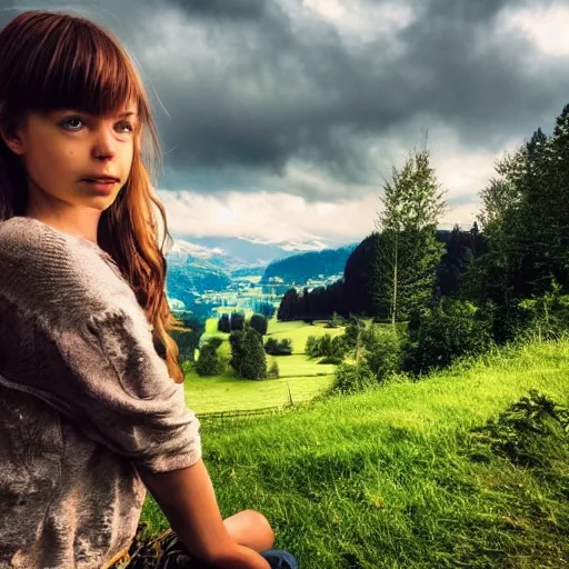 Image similar to a beautiful photograph of a girl with switzerland landscape in the background with trees, hdr, 8 k, high quality, sharp focus, artstation, highly detailed, award - winning, dramatic lighting, beautiful clouds, and nature