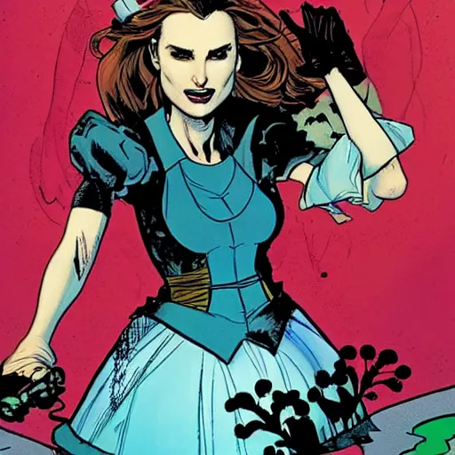 Image similar to in the style of Rafael Albuquerque comic art, Natalie Portman as Alice going to Wonderland.