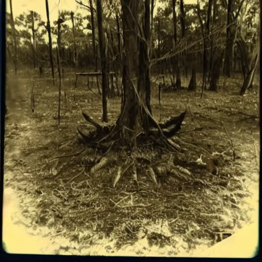 Image similar to occult sacrifice site in the Louisana swamp, detailed, dark, scary, real Polaroid photo