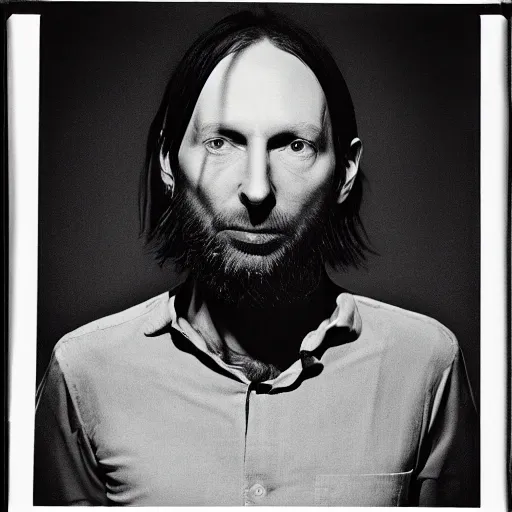 Image similar to Radiohead, Thom, with a beard and a black shirt, a computer rendering by Martin Schoeller, cgsociety, de stijl, uhd image, tintype photograph, studio portrait, 1990s, calotype