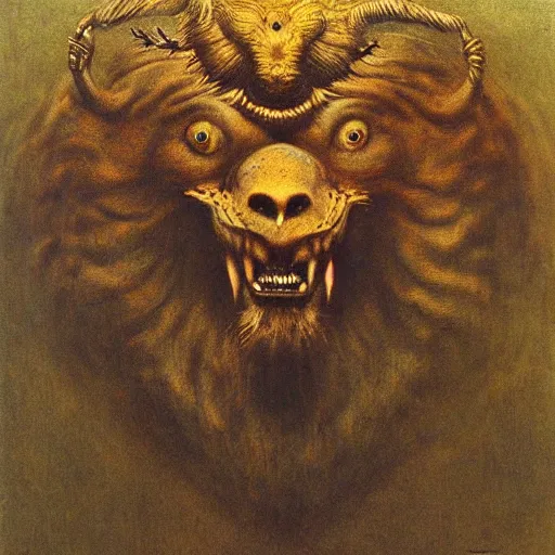 Image similar to creature with with four faces : eagle, bull, man, lion. drawn by zdzislaw beksinski