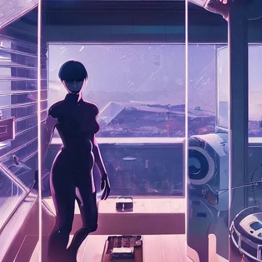 Image similar to a cinematic composition depicting : we're overlooking translucid crystal android being, whos is behind their heads up display viewing out of their window how a high tech lush solarpunk tribe collaborating with their technologic android helpers encroaching a cyberpunk robot retreat resort in the sauna at sunrise, ghost in the shell