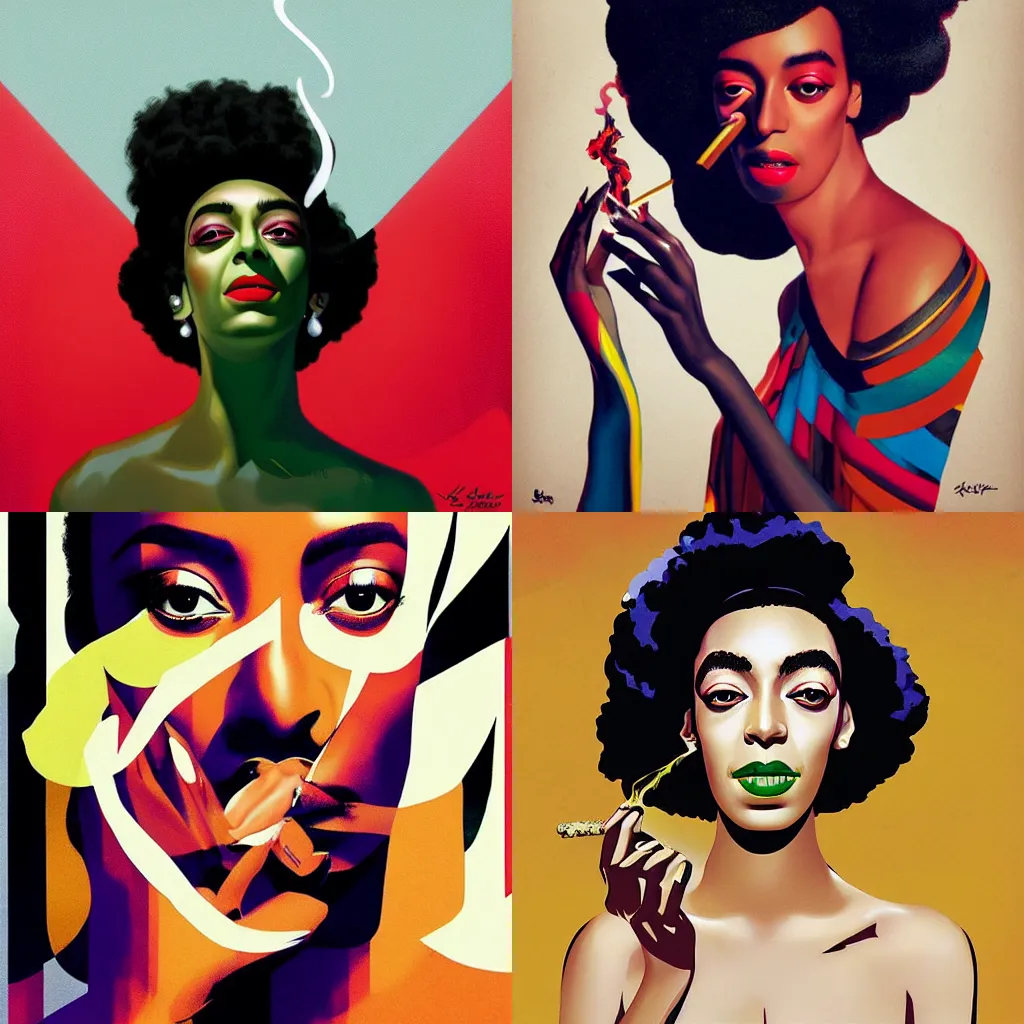 Prompt: Solange Knowles smoking zaza by Sachin Teng + Karol Bak + Rolf Armstrong