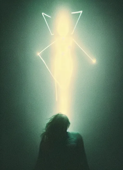 Image similar to female ascending, glowing third eye, particle glowing aura, motion blur, film grain, cinematic lighting, experimental film, shot on 1 6 mm, luminol light