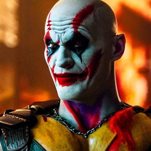 Image similar to film still of kratos as the joker in the new batman movie