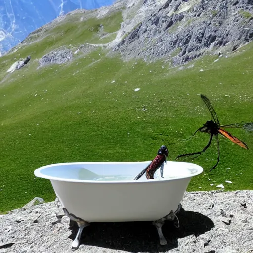 Image similar to dragonfly in a bathtub in the alps, sheep!!! in background