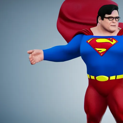 Image similar to Danny DeVito as Superman, 8k, highly detailed, Unreal Engine render