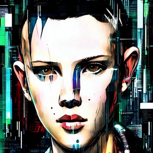 Image similar to Portrait of cyberpunk cyborg Millie Bobby Brown by Yoji Shinkawa