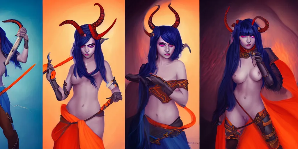 Prompt: triptych of youthful female feminine horned tiefling female bard with long bob cut blue hairstyle, her skin is tangerine, she has immaculate skin and pure black eyes and is wearing colorful leather armor by rossdraws,