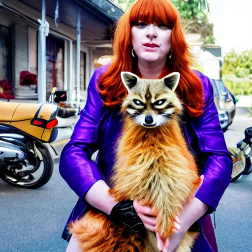 Prompt: a high - fashion photo of a slender beautiful woman with straight ginger hair and bangs, wearing purple leathers and gold helmet, posing with large ginger tabby and raccoon on a motorcycle in front yard, holding toasted brioche bun, dramatic lighting, 8 5 mm lens