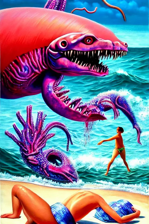 Prompt: a hyperrealistic painting of a sea creature monster washing up on the beach while people are laying on towels with umbrellas, cinematic horror by chris cunningham, lisa frank, richard corben, highly detailed, vivid color,