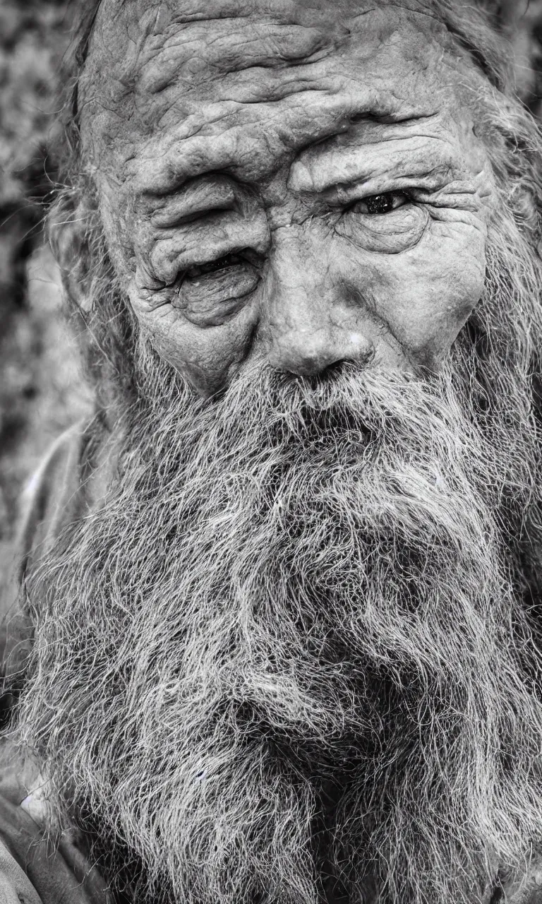 Prompt: an ancient man, extreme wrinkles, time weighs heavily, old beyond his years