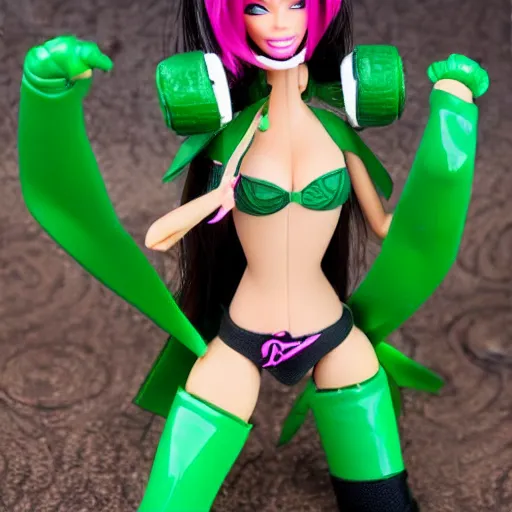 Image similar to league of legends akali as a Barbie doll. Kunai-weilding, green facemask, green outfit. PVC figure 12in.