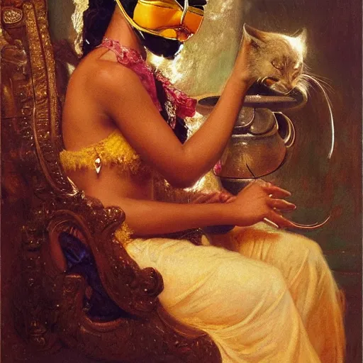 Prompt: detailed potrait 8 0 s srilankan girl with cat woman mask in baroque painting, girl graceful,, painting by gaston bussiere, craig mullins, j. c. leyendecker, lights, art by ernst haeckel, john william godward, hammershøi,,
