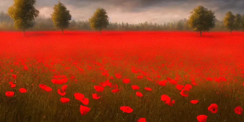 Prompt: a detailed beautiful matte painting of a field of poppies by Mikko Lagerstedt and Raphael Lacoste