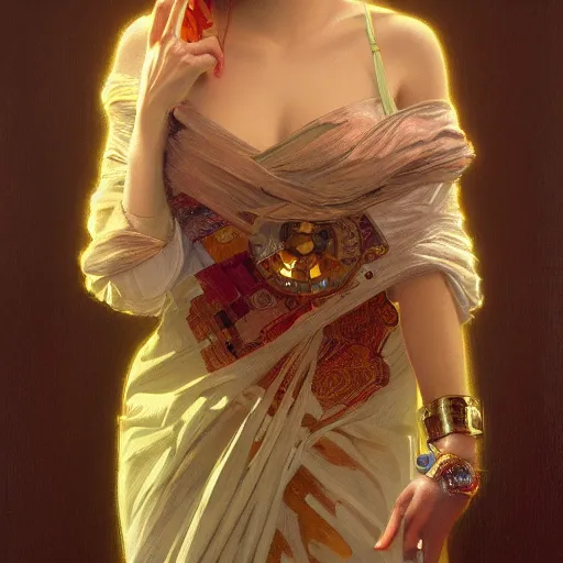 Image similar to modern woman | hyperrealistic | digital painting | trending on artstation | pinup portrait | clean | illustration | dressed | Unreal Engine 5 | 8k resolution | by Greg Rutkowski Alphonse Mucha Gustav Klimt and Mel Ramos