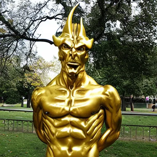 Image similar to male demon, devil golden monument stands in a park