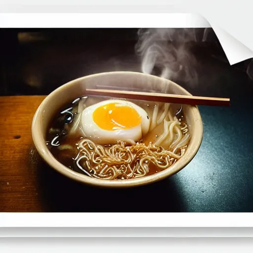 Prompt: a steaming bowl of ramen in a street noodle bar in the rainy city of neotokyo, cyberpunk, futuristic, grungy, hd, 4 k, very detailed, polaroid photograph