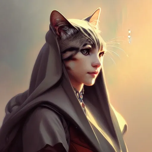 Image similar to portrait of cat wizard wearing a hood, face, fantasy, intricate, elegant, highly detailed, digital painting, artstation, concept art, smooth, sharp focus, illustration, art by artgerm and greg rutkowski and alphonse mucha