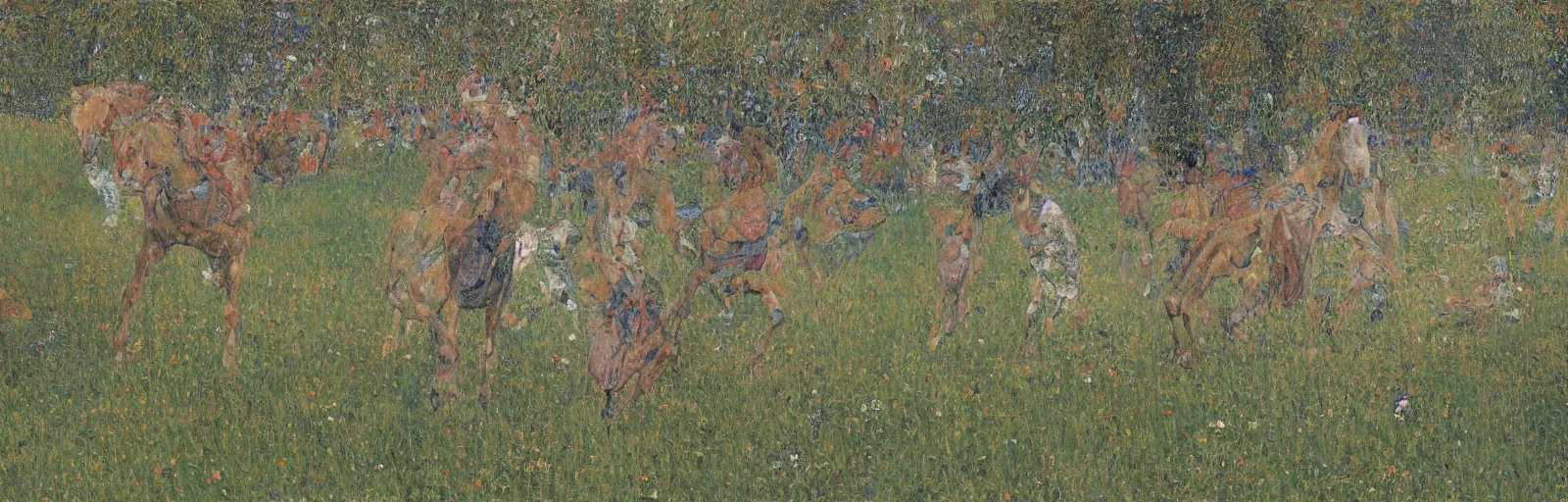 Image similar to lots of horses running through the field, hyper realistic, more details, they might be crawling, original oil on canvas painting by gustav klimt