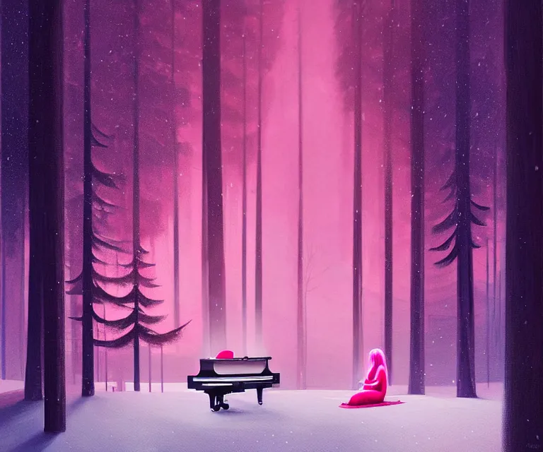 Image similar to a painting of a beautiful face gothic girl, pink hair in a stunning red dress playing a piano in the dark snowy forestby randolph stanley hewton and alena aenami, cg society contest winner, retrofuturism, matte painting