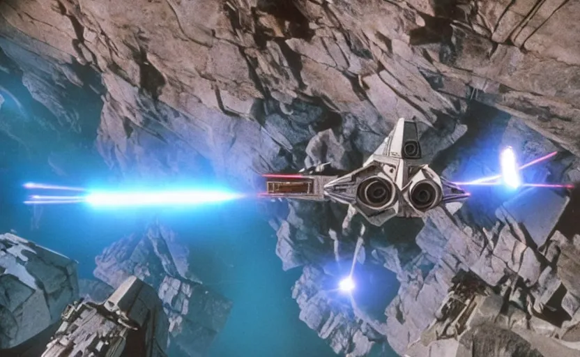 Image similar to iconic cinematic screen shot of scene x wing dogfighting tie fighters over waterfall canyon planet, from the action packed scene from the 1 9 7 0 s star wars sci fi film by stanley kubrick, glowing lasers, kodak film stock, anamorphic lenses 2 4 mm, lens flare, iconic cinematography, award winning