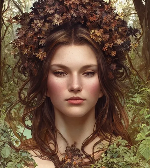 Image similar to beautiful cottagecore woman with brown hair, intricate, magical forest, stunning, highly detailed, digital painting, artstation, concept art, smooth, sharp, focus, illustration, art by artgerm and greg rutkowski and alphonse mucha