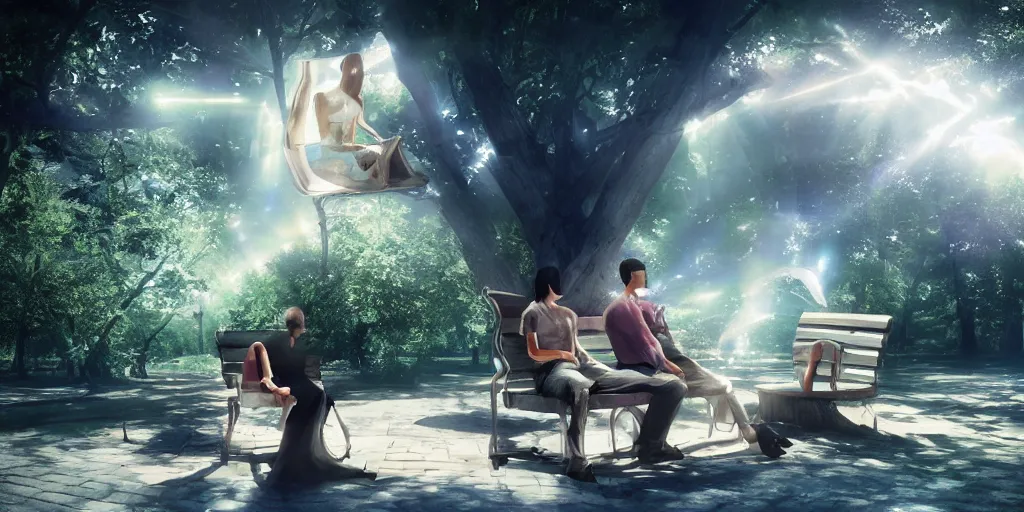 Image similar to a couple of people that are sitting on a bench, a computer rendering by Ryohei Hase, pixiv contest winner, holography, multiple exposure, pixiv, anamorphic lens flare