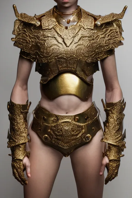 Prompt: female character, delicate features, fast movement, proportional figure. kaycee rice. neopunk armor, brass, intricate jewelry, gemstones, gold. ultra realistic. fine details. volumetric light. 8 k.